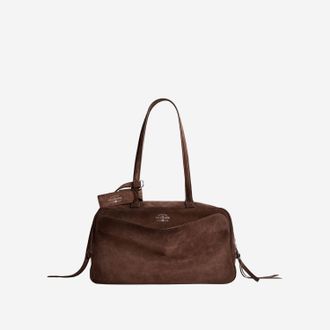 Balenciaga Womens Suede Bowling Bag With Embossed Logo Brown Calfskin Leather Shoulder