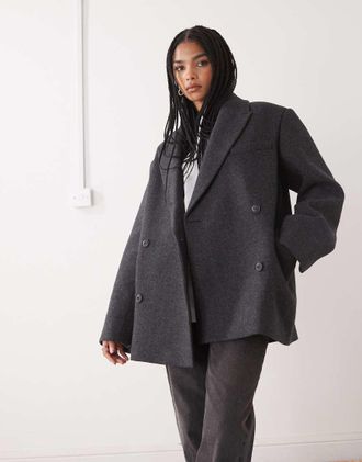Weekday Giacca doppiopetto oversize in misto lana grigio scuro a spina di pesce