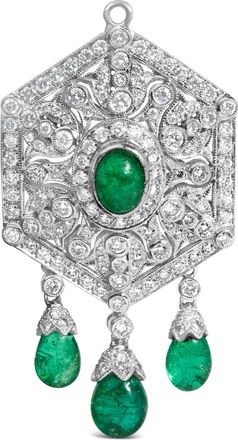 House of Brilliance 18K 2 3/4 Cttw Diamond and Emerald Dangle Art Deco Shield Brooch Pin Pendant CHAIN NOT INCLUDED