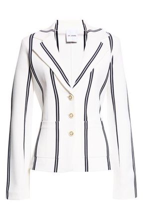 St. John Carter Stripe Roma Crepe Knit Jacket in Bright White/Midnight at Nordstrom, Size X-Large