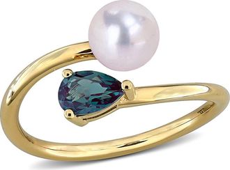 Delmar 6-6.5mm Cultured Freshwater Pearl & Stone Bypass Ring in Green at Nordstrom Rack, Size 9