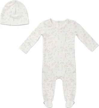 Fragile Girl Leaves Print Romper Set with Hat in Powder/petal at Nordstrom, Size 6M