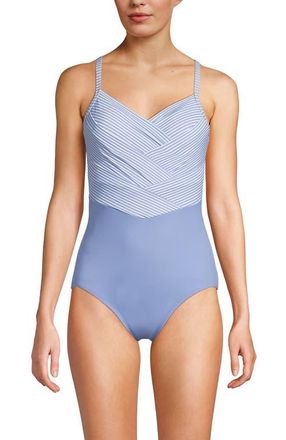 Lands End Slender Suit V-neck Pleated X-back One Piece Swimsuit Adjustable Straps in Soft Cloud Blue Mini Stripe at Nordstrom, Size 14