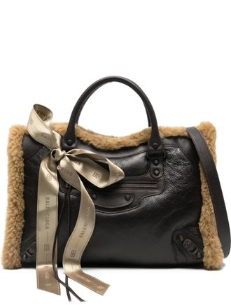 Balenciaga medium Le City shearling-trimmed tote bag - Brown