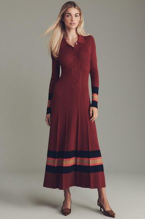 Maeve Pleated Long-Sleeve Midi Sweater Dress