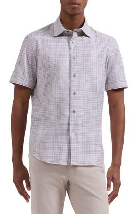 Bugatchi Miles OoohCotton Shadow Plaid Short Sleeve Button-Up Shirt in Limestone at Nordstrom, Size Xxx-Large