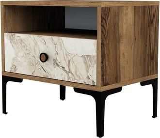 Dmora Mesa de noche efecto madera nogal, mármol blanco 56x40 cm