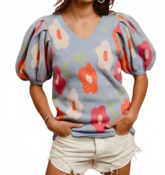 Bibi Floral Pattern Puff Sleeves V-Neck Top In Blue