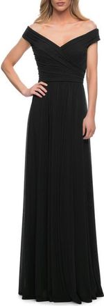 La Femme Off the Shoulder Net Jersey Long Dress with Ruching in Black at Nordstrom, Size 16