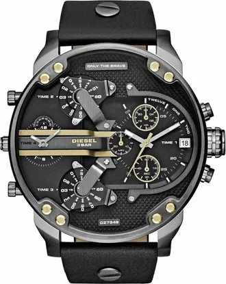 Diesel Accessoires, Heren, Zwart, ONE Size, Diesel Dz 7348 Mr. Daddy 2.0 Black Dial Black Leather Mens Watch