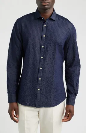 Emanuel Berg Crinkle Stripe Cotton Denim Button-Up Shirt in Navy at Nordstrom, Size 44