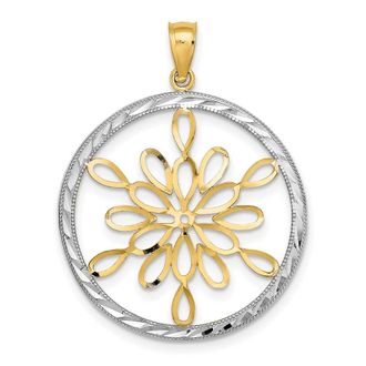 Diamond2Deal 14k Yellow Gold Rhodium Diamond-Cut Circle Snowflake Charm