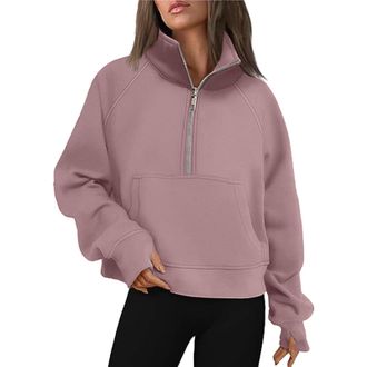 Generic Sweatshirts Womens Sweatshirts Half Zip Cropped Pullover Quarter Zipper Hoodies Fall Outfits Clothes Thumb Hole (L) Pink