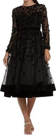 Mac Duggal Embellished Long Sleeve Velvet Trim A-Line Midi Dress In Black
