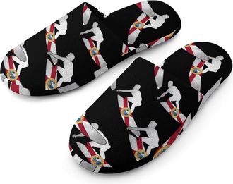 Generic Florida Flag Skiers Flannel Mens Slip-on Slippers Winter Warm House Shoes with Rubber Sole for Home Hotel