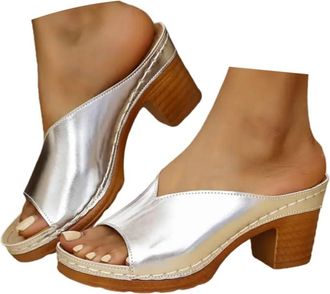 Generic Chunky Sandals for Women White Heels Block Heel Sandals for Women Chunky Block Mid Heels Flip Flop Slip on Square Toe Comfortable Heeled Dress Bridal 