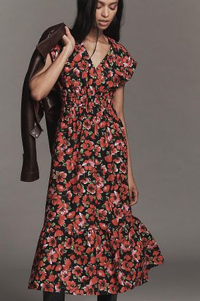 Maeve Cap-Sleeve V-Neck Smocked Midi Dress