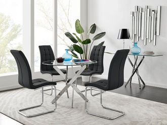 Furniturebox Novara Chrome Metal 100cm Round Glass Dining Table & 4 Murano Dining Chairs in Black