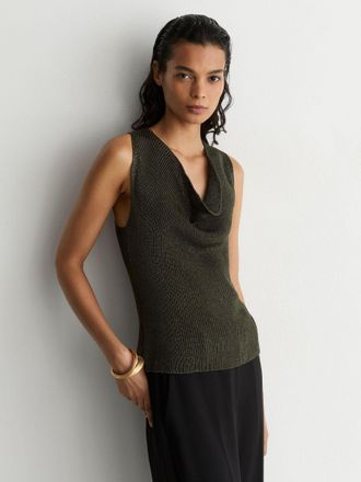 Reiss Green Cowl-neck Metallic-knit Sleeveless Top, XS