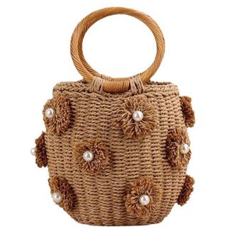 Generic Women Handmade Woven Bag with Pearls Drawstring Wrist Purse Bohemia Bucket Handbag Summer Holiday Beach Bag (Camel)