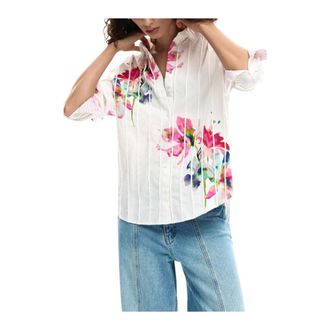 Desigual Shirts, female, White, Size: M Floral Cotton Shirt with Long Sleeves and Classic Collar