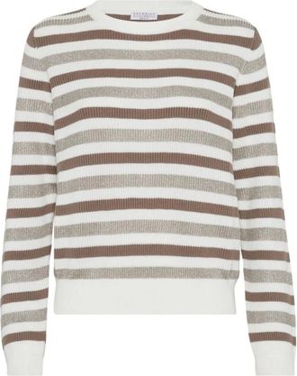 Brunello Cucinelli Brunello Cucinelli, Round-neck Knitwear, female, Beige, Size: M Beige Sweater with Horizontal Stripes