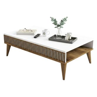 Dmora Dmora - Mesa De Caf&eacute; Dgiovinc, Mesa De Centro Baja, Revistero Para Sof&aacute;, Estante De La Sala De Estar, 105x60h35 Cm, Nogal Y Blanco