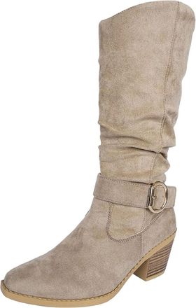 Generic Heeled Boots for Women Wide Calf Casual Mid Calf Booties Stylish Solid Color Pleated Buckle Chunky Heel Comfy Pull On Western Boots Classic