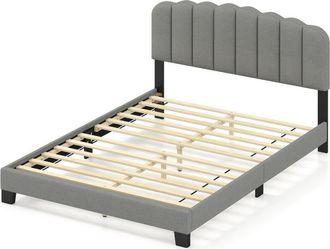 Costway Double Size Bed Frame Linen Upholstered Platform Bed-Grey
