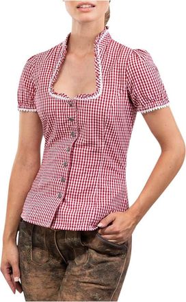 Generic Womens Bavarian Shirt Oktoberfest Outfit Bavarian Oktoberfest Plaid Blouse with Lace Trim U Neck Short Sleeve Top for Beer Festival and Everyday Casua
