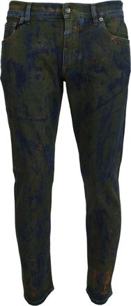 Dolce & Gabbana Mens Splatter Paint Slimfit Jeans - Dark Green Cotton - Size EU 54 (Mens)