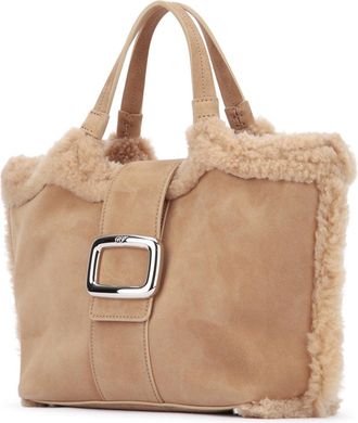 Roger Vivier Womens Mano Shoulder Bag Beige Suede Shearling