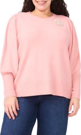 CeCe by Cynthia Steffe Faux Pearl Heart Applique Sweater in Coral Blush at Nordstrom Rack, Size 1X