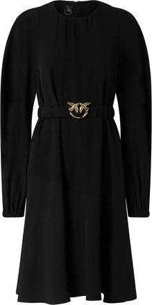 Pinko Black Midi Dress with Fitted Waist and Gold Buckle Detail
