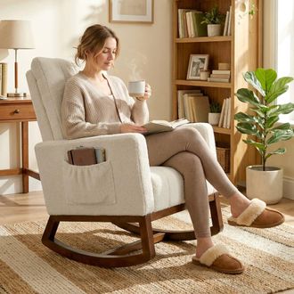 HOMCOM Rocking Chair for Adults, Lounge Rocker w/ Lumbar Pillow, Cream White | Size: Armchair