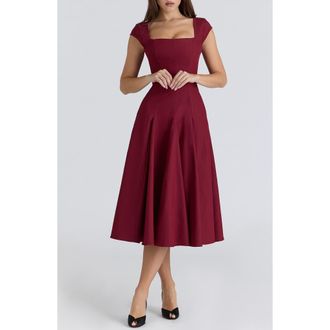 House of CB Raise Square Neck Twill Midi Dress in Wine at Nordstrom, Size X-Small