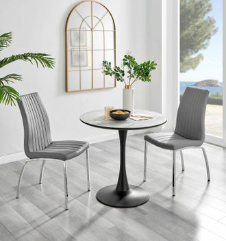 Furniturebox Elina White Marble Effect Scratch Resistant Dining Table & 2 Isco Faux Leather Chairs in Grey