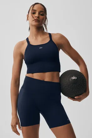 Alo | Seamless Ribbed Favorite Bra Tank Top in Navy Blue, Size: Medium
