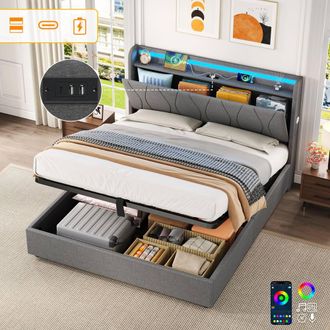 Matteo Upholstered Double Bed Frame - Hydraulic Storage, LED, Charging - Grey