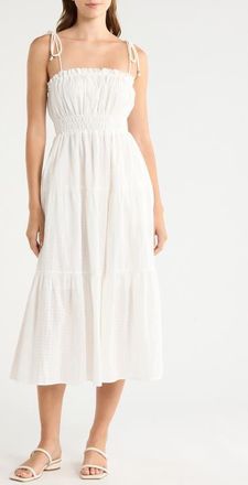 Elan Ruffle Shirred Tie Strap Tiered Cotton Seersucker Cover-Up Sundress in White at Nordstrom, Size X-Small