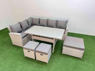 Fimous 9 Seater Rattan Garden Furniture Set with Dining Table 3 Footstools in Light Grey