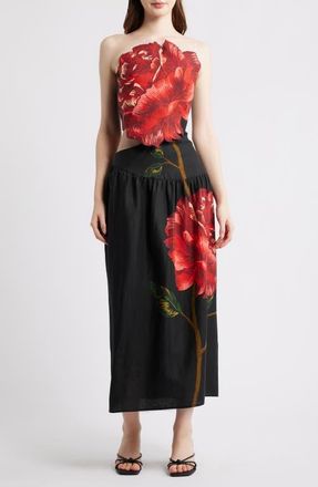 Farm Rio Rosalia Placed Rose Strapless Dress in Black at Nordstrom, Size Xx-Small