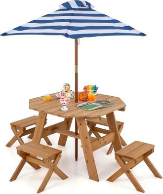 Costway Mesa Picnic Infantil con 4 Sillas y Sombrilla, Mesa Octágono Picnic Madera, Sombrilla Plegable y Ajustable en Altura, Set Infantil de Mesa y Bancos