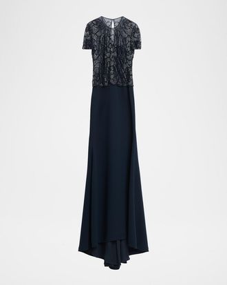 Naeem Khan Beaded Bodice Cap-Sleeve Fit-And-Flare Crepe Gown