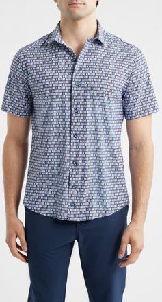 Johnston & Murphy XC+ Motion Geo Print Short-Sleeve Performance Knit Button-Up Shirt in Navy Surfboard at Nordstrom, Size X-Large