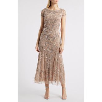 Pisarro Nights Beaded Mesh Midi Cocktail Dress in Deep Champagne at Nordstrom Rack, Size 16