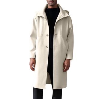 Generic Duffle Coat Mens Wool Coats with Hood Casual Knee Length Trench Coat Single Breasted Wool Blend Overcoats Double Collar Business Coats Classic Fit Win