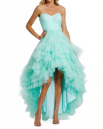 Mac Duggal Womens Strapless Tiered Tulle High Low Gown In Aqua