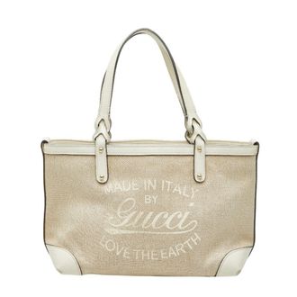 Gucci Beige White Canvas Leather Shoulder Bag Tote Bag (Pre-Owned)