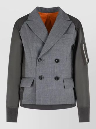 sacai wool blend double breasted blazer contrast sleeves